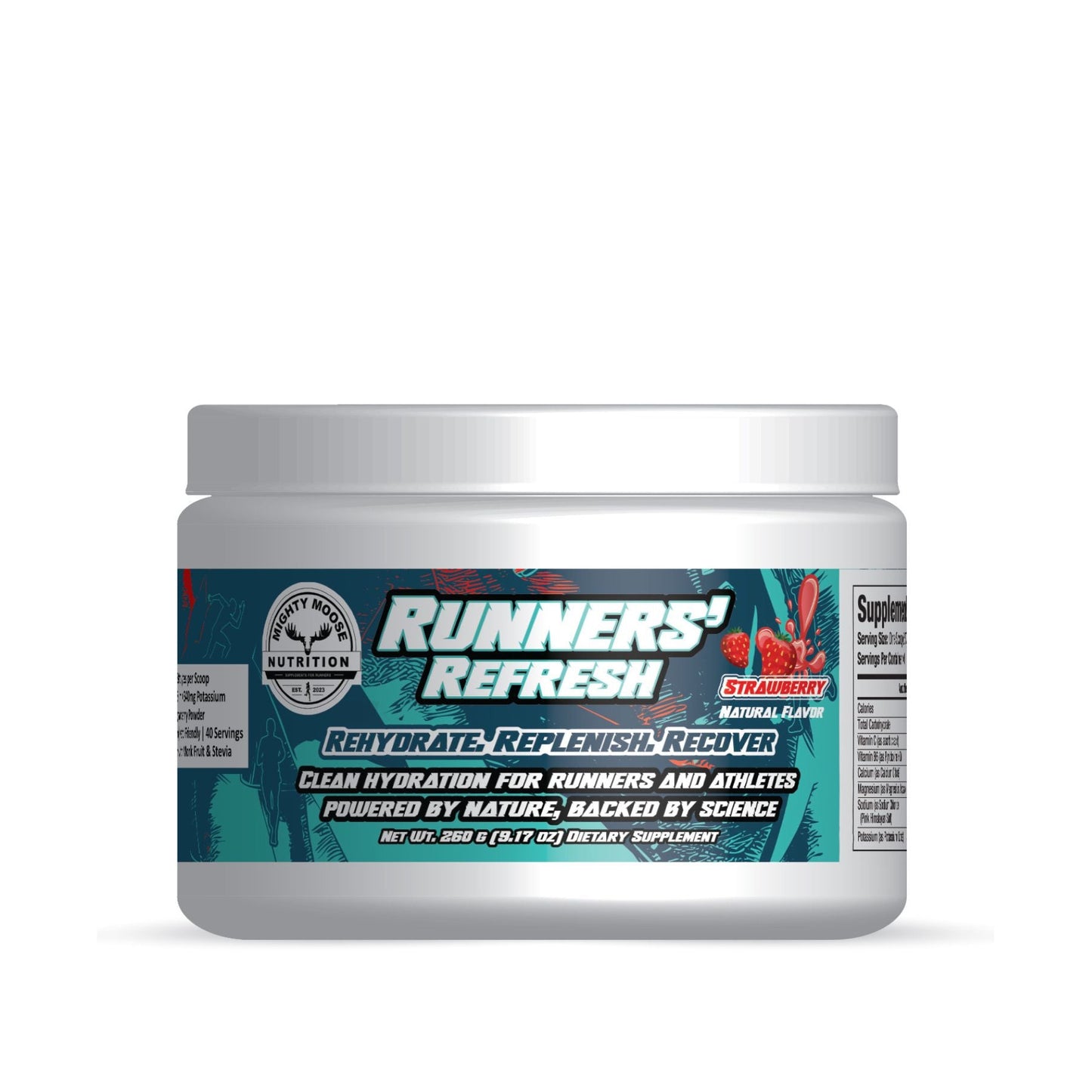 Runner's Refresh supplement container on a white background